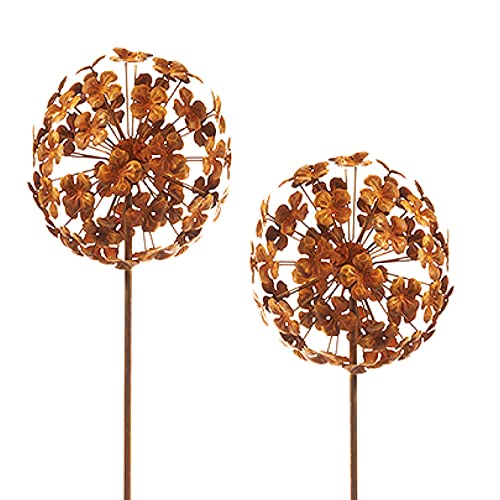 Kobolo 2er Set Gartenstecker Dekostecker Blume Flower Ball aus Metall in Naturrost H 110 cm