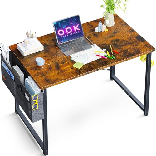 ODK Kleiner Schreibtisch, 80×40×73.5cm Computertisch Bürotisch mit Kopfhörer Halter und Aufbewahrungstasche, Schreibtisch Klein Arbeitszimmer Holz PC Tisch Officetisch für Home, Office, Braun