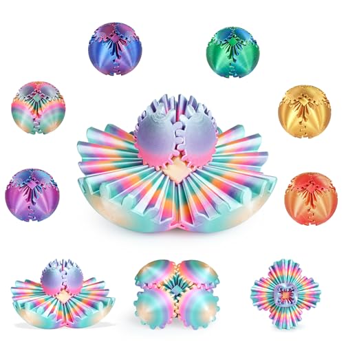 Gear Ball 3D gedrucktes Fidget Spielzeug Drehbare Zahnradkugel Stressabbau Schreibtischspielzeug Erwachsene und Kinder Geschenk für Weihnachten Wichteln (Glänzender Regenbogen, Durchmesser: 6,5 cm)