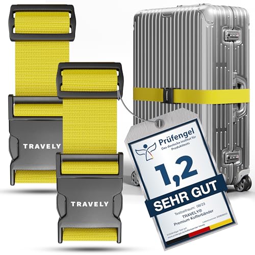 Travely® Premium Koffergurt - Besonders Auffällig & Sicher - Inkl. 2 Namensschildern - Gepäckband ideal über Kreuz - [2er Set] - Gelb