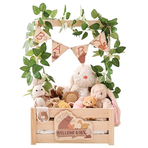 OESSUF Holz Baby Geschenk Korb mit verstellbarer Griff,Personalisierte Babyparty Geschenk Babykorb für Neugeborene