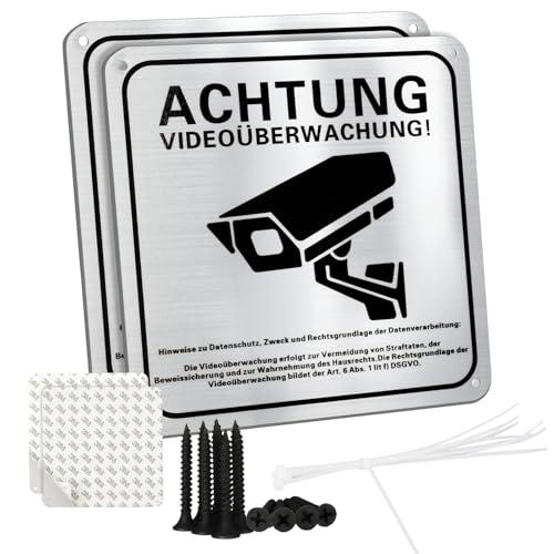 2 Stück Achtung Videoüberwachung Schild Privatgrundstück mit DSGVO Hinweis,15x15cm,Schilder Aufkleber Videoüberwachung,Reflektierendes Alu,Selbstklebend und 4 Bohrlöcher,für Außen
