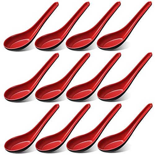 Eowppue Suppenlöffel 12 Stück Chinesische Suppenlöffel Löffel Set Porzellan Ramen Löffel Für Zuhause Restaurants Büros Buffets Kantinen Hotels Usw(rot & Schwarz)