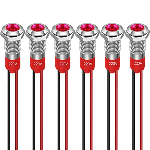 GUUZI 6pcs 8mm Voyant LED 220-230V Signal Lumineux étanche Panneau Métallique Voyant LED Montage sur Panneau Tête Plate avec Fils Coque Argentée (Rouge)