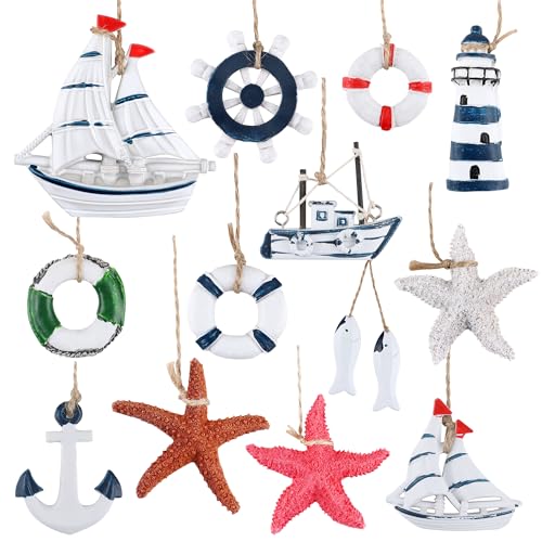 13 Stücke Maritime Anhänger Nautische Deko, Holz Anker Dekoration Steuerrad, Maritime Dekoanhänger Set für zu Hause, Mini-Fischernetz, Wanddekorationen, Küstenmotiv