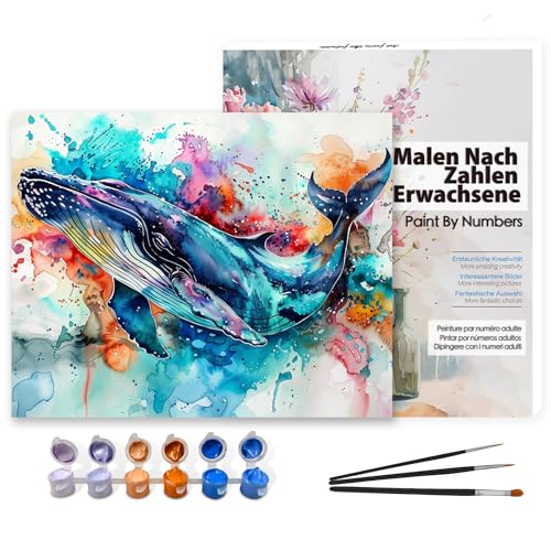 Bougimal Malen nach Zahlen Erwachsene, DIY Handgemalt Ölgemälde Kit Mit 3 Pinseln und Acrylfarbe, Als Geschenk 40X50CM, Ohne Rahmen, Bunter Wal