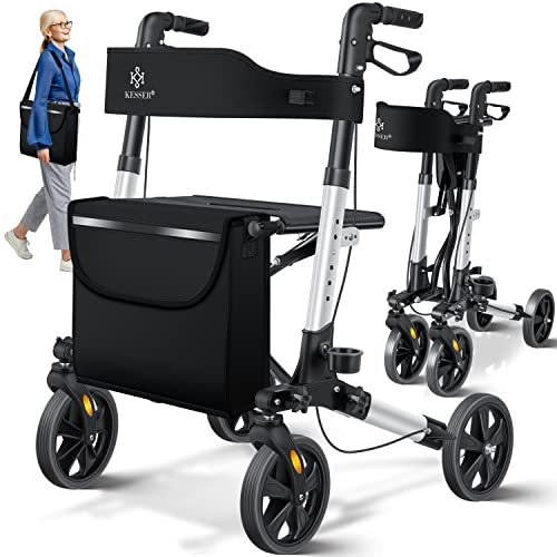 KESSER Rollator Aluminium Set, Leichtgewicht-Reiserollator mit Vollausstattung, 3-fach faltbar für Kofferraum klappbar Reise und Flug, Höhe verstellbar, Gurt, Stockhalter Gehwagen Laufhilfe Gehhilfe