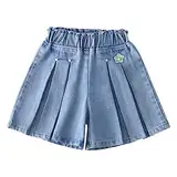 Mädchen Blumendekoration Rüschensaum Denim Plissee Ausgestellte Shorts Casual Flowy Rock Shorts Mädchen Kurze Overalls (Blau, 5-6 Jahre)