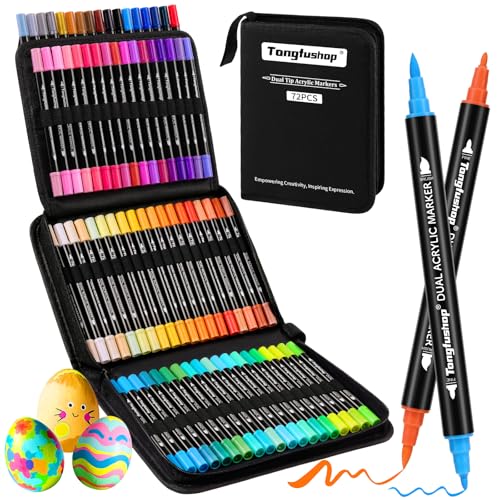 Tongfushop 72 Farben Acrylstifte Set, Doppelspitze Acrylstifte für Steine Wasserfest, Schnelltrocknende Steine Bemalen Acrylic Marker für Glas, Holz, Keramik, Leinwand, Basteln Ostern, Weihnachten.