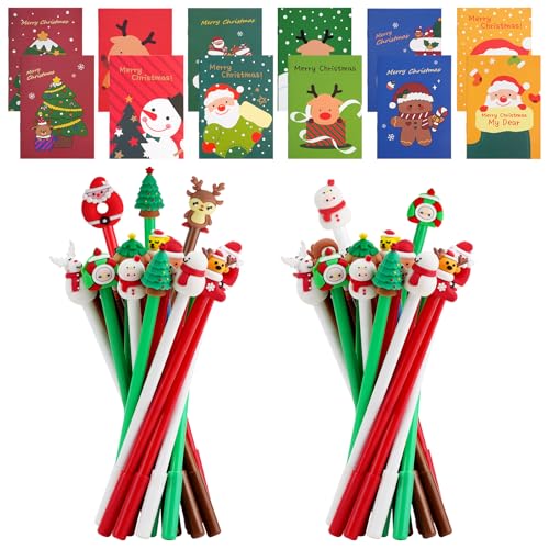 26pcs Weihnachten Gelschreiber mit 12pcs Niedlich notizblock klein, Tinte Stifte schwarzer Tinte in 26 Cartoon-Stil, glatte RollerBall Kugelschreiber Schneemann Santa Rentier Baum für Party Geschenk