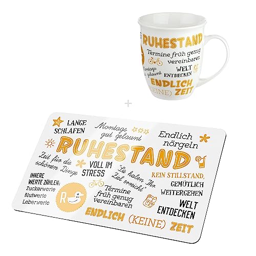 CULT at home Geschenkset Ruhestand Rente - 2 teilig – 1 x Brettchen 1 x Jumbo Tasse Kaffeepot Rentner Tasse – Frühstücksbrett Brotbrett – Geschenk Oma Opa – Brett: 23,5 x 14,5 cm