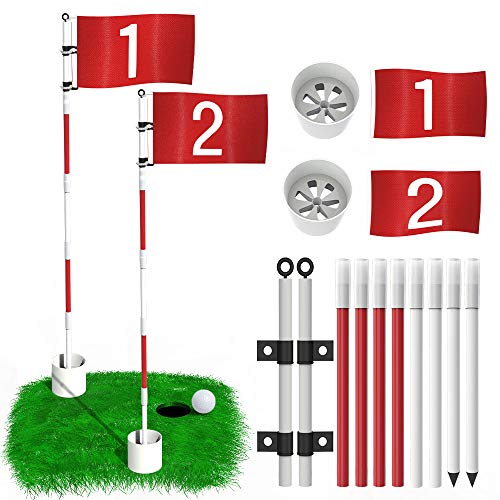 THIODOON 2 Stück Golfflaggenstick 1.8 m Golfflagge und -becher für Yard Pro, abnehmbare Golf-Loch-Halterung und Flagge für die Fahrreichweite, Anti-Rost-Glasfaser, 5-teiliges Design mit Steckern