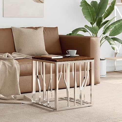 OHOOWOO Couchtisch Silbern Edelstahl und Altholz Massiv,Stilvoller Couchtisch aus massivem Altholz mit Edelstahlgestell für eine Moderne und Exklusive Einrichtung Couchtische, Kaffeetische