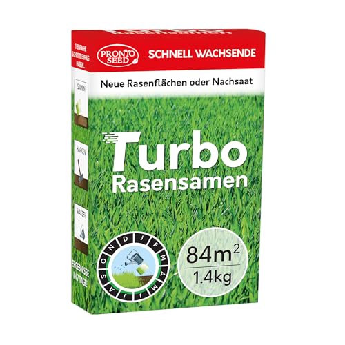 Pronto Seed Rasensamen – 1,4 kg Premium-Qualität, 84 m2 Abdeckung für Nachsaat – schnell wachsende und strapazierfähige Grassamen – auf DE-Klima zugeschnitten – Defra-zugelassen