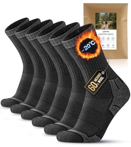 CAOZITOU 3 Paar Merino Wandersocken Herren 43-46, 60% Wollsocken Gepolstert, Thermo Trekkingsocken Winter Warme Socken für Outdoor Sport(Schwarz)