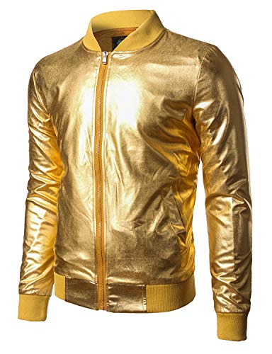 JOGAL Herren Metallic Nachtclub Reißverschluss Baseball Bomber Jacke Large Gold