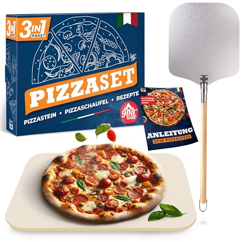 Blumtal Pizzastein für Backofen 38x30cm + Pizzaschieber robust - Pizzastein Gasgrill aus Cordierit-Stein bis 900 C° - geeignet für den Gasgrill - Pizza Stone - Backstein Brot