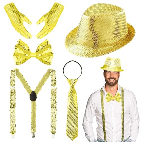 Glitzer Outfit Herren,Glitzer Accessoires Herren,Glitzer Kostüm Herre,mit Pailletten Hosenträger,Pailletten Fliege,krawatte,Handschuhe,Pailletten Kostüm Gold für Fasching Party Dance Performance