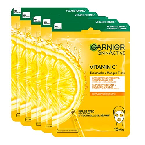 Garnier Feuchtigkeitsspendende Tuchmasken für sensible Haut, Mit Hyaluronsäure und Vitamin C, Für strahlende Haut und einen Glow-Effekt, SkinActive, 5 x 1 Masken