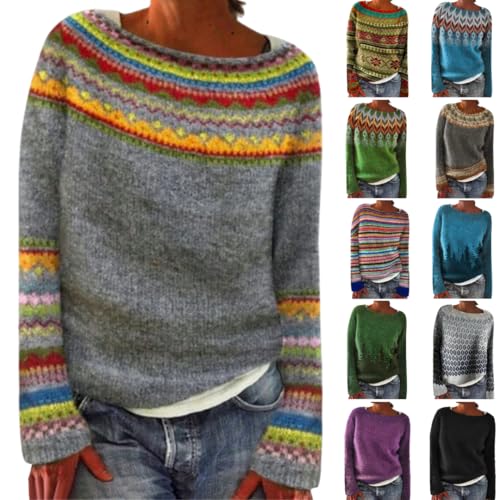 Die Discounter Pullover Damen Elegant Strickpullover Winter Sweatshirt Bunt Sweater Langarm Rundhals Pulli Grobstrick Winterpullover Große Größen Oberteile Leichte Longshirt Locker Oberbekleidung