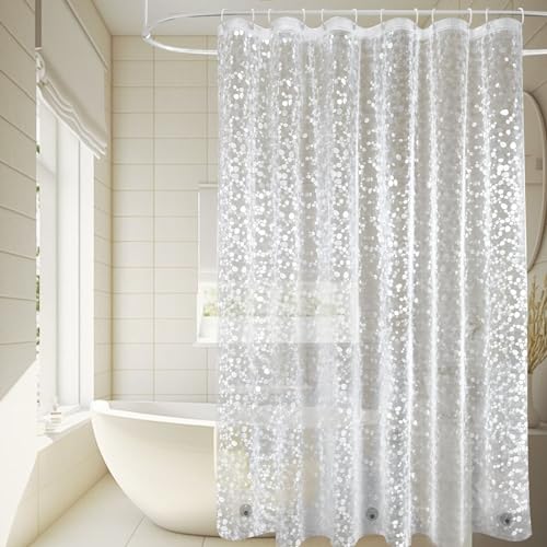 Duschvorhang Transparent 180x200cm mit Gewicht Magnet unten, Eva-Material Waterproof Antibacterial Shower Curtain Wasserdichter Badezimmervorhang mit 12 Haken für Badewanne, Dusche, 3D Kieselsteine