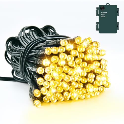 Dalugo Warmweiß Lichterkette, 5M 50 LED Kabel grün mit 6h Timer, IP65 Wasserdicht Batterie für Innen außen Weihnachtsdekorationen