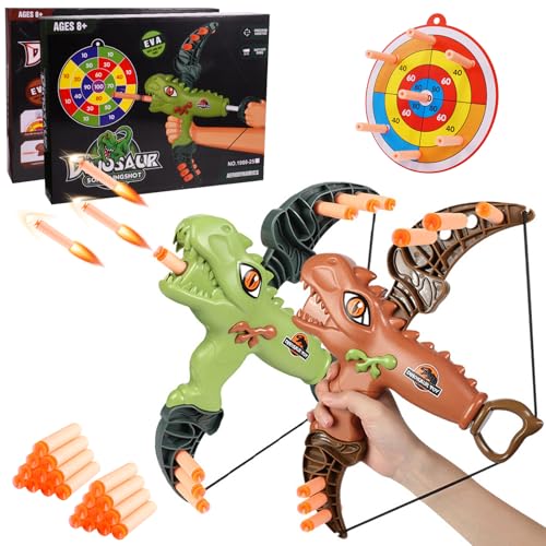 Dinosaur Soft Slingshot Toy, Pfeil Und Bogen Set für Kinder, Dinosaurier Bogenschießen Set mit 2 Bow Launcher, 20 Saugnapf Schaumstoff Darts, 2 Ziel, Outdoor-Spielzeug Weihnachts Geschenk für 3-8