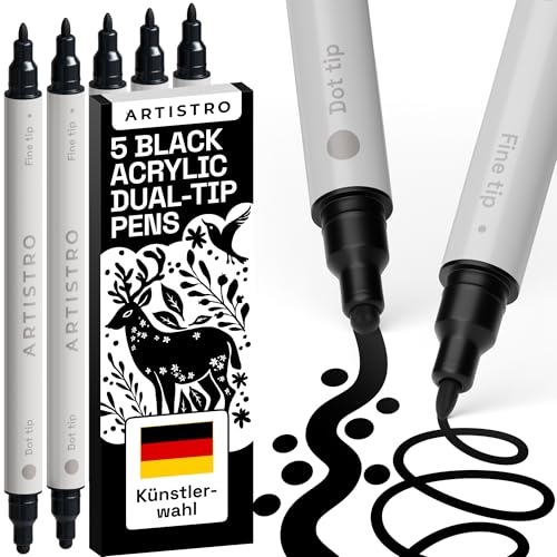 Artistro 5 schwarze Acrylstifte, Acrylfarbenmarker mit Doppelspitze (fein 1 mm + Punkt 5 mm), Zeichenset, Marker für Textilien, Leinwand, Stein, Glas, Holz, Papier, Heimwerkerbedarf, Farbmarker