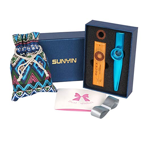 SUNYIN Holz Metal Kazoo, sch?ne Geschenkbox f¨¹r Kinder und Erwachsene, Geschenkpaket mit Musikinstrumentenspielzeug f¨¹r alle Altersgruppen, einfachstes Instrument (blau)