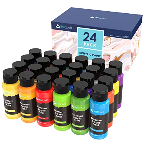 INK LAB Acrylfarbe Set 24 Farben Waschfeste Acryl Farben Künstlerfarbe Malfarben Ungiftig Ideal für Kinder Künstler Anfänger Leinwand Papier Stein Holz, Reiche Pigmente