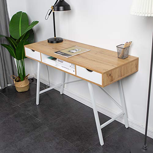 sogesfurniture Schreibtisch mit 2 Schubladen, Moderner Computertisch Bürotisch Arbeitstisch PC Laptop Tisch mit 4 Metallbeine in Weiß, 120 * 48 * 76cm, BHEU-GCBG1019