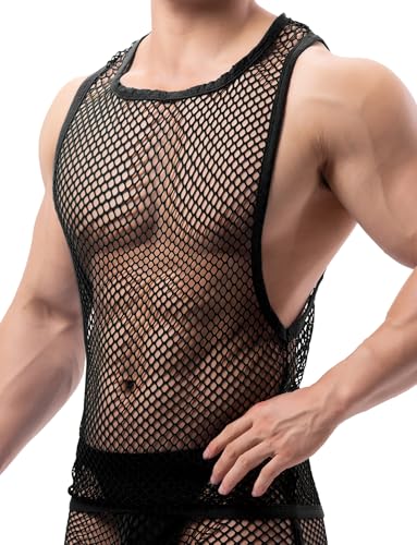 AIEOE Herren Netz Tank Top mit Großem Armausschnitt Durchsichtiges Netzoberteil Ärmellos Schwarz Größe M