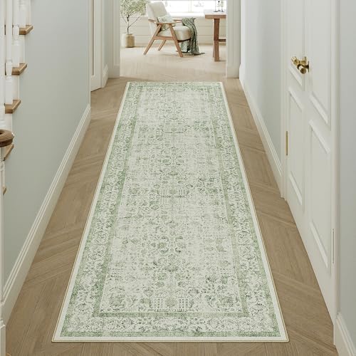 HUGEAR Vintage Grün Waschbarer Teppich 60x180cm LäUfer Flur rutschfest Weich Vorzimmer Tepich Kurzflor Schlafzimmer Retroteppiche KüChe Bedroom Brücken Hallway Carpet