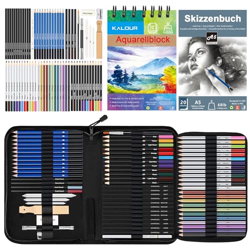 KALOUR 76-teiliges Zeichen- und Skizzierkit-Set: Künstlerbedarf mit Skizzenbuch, Aquarellpapier, Anleitung, Buntstiften, Aquarellfarben, Graphit-, Pastell- und Kohlebleistiften für Künstler,Anfänger