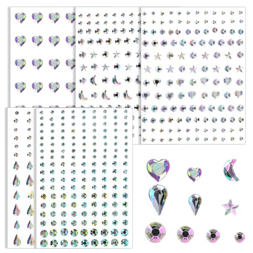 AHQiZFX 5 Blatt Glitzersteine Gesicht Sticker,Selbstklebend Strasssteine,Edelsteine Glitzersteine Aufkleber,Strass Temporäre Tattoo,für Gesicht Augen Körper Nägel Haare Make-Up Festivalparty Halloween