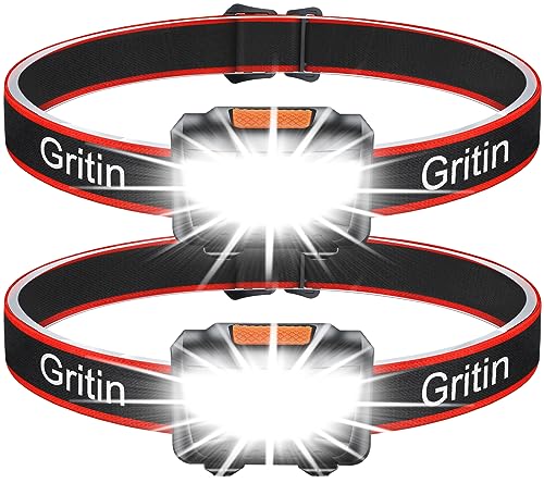 Gritin Stirnlampe LED, [2 Stück] LED Stirnlampe Kopflampe Superhell mit 3 Modi, IPX5 Wasserdichte Leichtgewichtige Mini Stirnlampe fürs Laufen, Campen, Joggen, Angeln, für Kinder