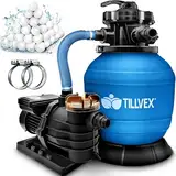 tillvex Sandfilteranlage 10 m³/h - Filteranlage 5-Wege Ventil | Poolfilter mit Druckanzeige | Sandfilter für Pool und Schwimmbecken (Blau)