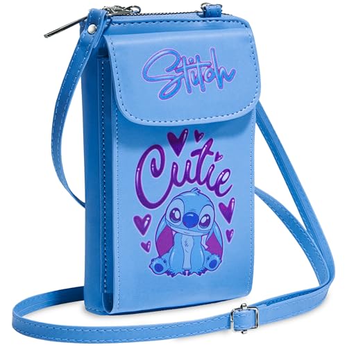 Disney Stitch Umhängetasche Mädchen, Handytasche zum Umhängen mit Kartenfächern & Schultergurt (Blau)