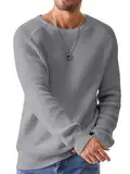 Elegancity Herren Rundrals Pullover Grau Einfarbig Strickpullover Loose Fit Grobstrick Pulli Warm Sweater Langarmshirt L