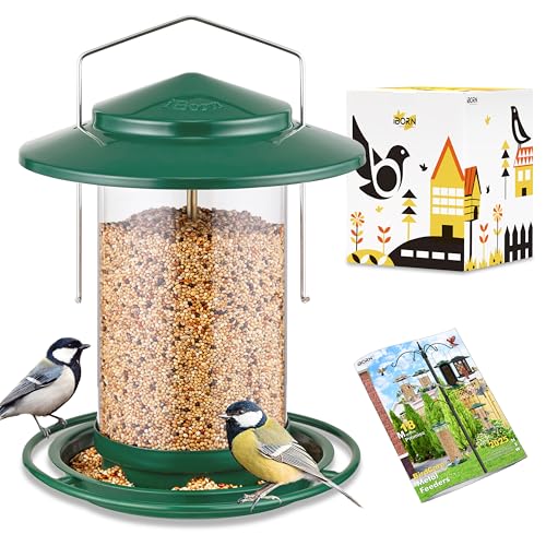 iBorn Vogelfutterspender,Metall Vogelhaus zum Aufhängen,Futterhaus für Vogel mit Futterschale,6 Futterlöcher,18 cm Wetterfest Dach,Ganzjährige Vogelfütterung,Wildvögel Futtersilo,Grün