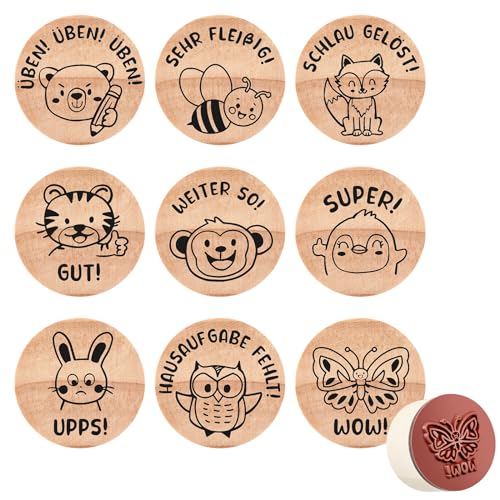 Faccito 9 Stück Holz Lehrer Stempel Motivstempel Stempel Set Tiere für Schulkind Gummi Schule Stempel Deko Stempel für Lehrer Belohnung Stempel Lob Schüler Stempel Geschenk für Lehrertag Motivation