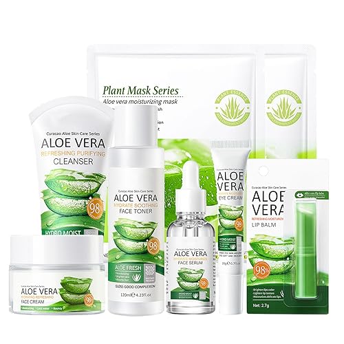 Aloe Vera Gesichtspflege Set für Sanfte Haut Reinigung & Pflege Teenage Mädchen und Frauen, 8-tlg Poren Verkleinern und Feuchtigkeitsspendend Hautpflege Set Geschenkset (8pcs)