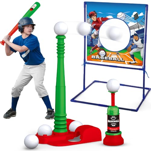 VATOS T Ball Sets für Kinder 3-5, Kinder Teeball Spielzeug-Sets mit Einstellbarer Höhe Baseball Target Fixed & Ejection Baseball Batting Tee 6pcs Baseballs,Outdoor Spielzeug Geschenke für Jungen 3-12