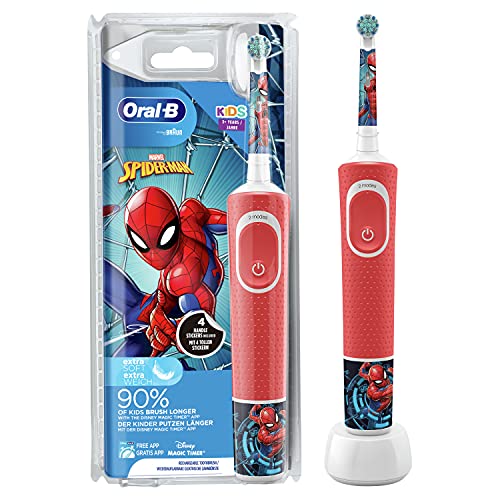 Oral-B Kids Spiderman Elektrische Zahnbürste für Kinder ab 3 Jahren, extra weiche Borsten, 2 Putzmodi inkl. Sensitiv, Timer, 4 Spiderman-Sticker, rot