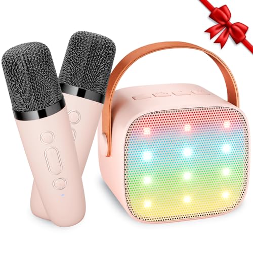 Karaoke Maschine Kinder Spielzeug Geschenke für Mädchen Mini Karaoke Maschine mit 2 Mikrofonen Tragbarer Bluetooth Lautsprecher für Partei, Geschenke für Geburtstag, Weihnachten (Rosa)