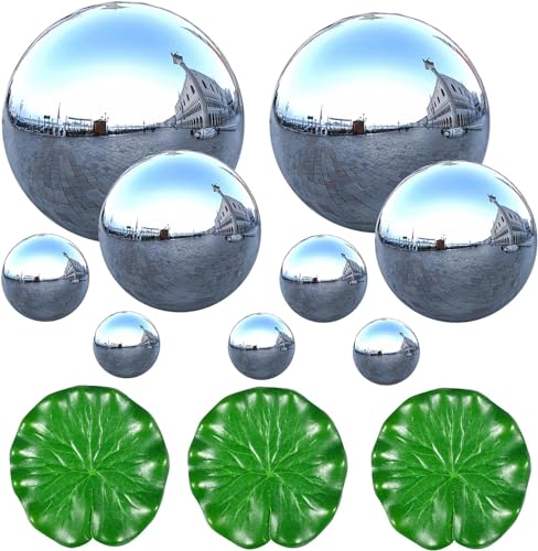 Newtic 9 Stück Edelstahl Gartenkugel, Klein Garten Teiche Deko Set, Silberne Schwimmkugeln für Teich Miniteich Edelstahl Spiegelkugel Haus Und Garten Verzierungs Dekoration für Minite