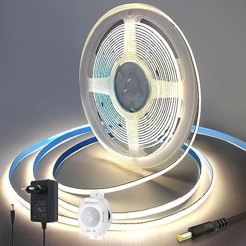 Yamlten 12V COB LED Streifen 4000k Middium Weiß,LED Strip mit Bewegungsmelder,Netzadapter,320 LEDs/M für Gesellschaftsraum，Schrank,Schlafzimmer DIY LED Band 1m.