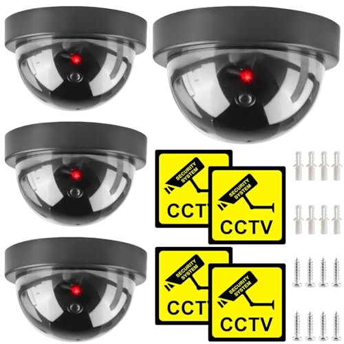 Dummy Kamera 4 Stück: Fake Überwachung Kamera CCTV mit Blinkendem LED Licht Sicherheitskamera, Dome Überwachungskamera Attrappe, Fake Attrappe Kamera Dome Kamera für den Innen- und Außenbereich