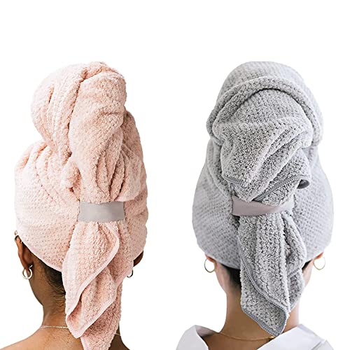 Aiuuee 2 Stück Groß Mikrofaser Handtuch Haare Lang, 106 x 63 cmTurban Haarturban mit Elastischem Band, Schnell Trocknend Super Saugfähig Haar Handtuch Weich Waffeldesign für Lange Haare(Grau & Rosa)