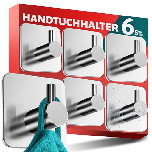 Menz Handtuchhalter ohne Bohren 6er SET - Handtuchhaken Bad Edelstahl, klassisch-funktionale Haken selbstklebend - Starke Klebehaken als stilvolle Wandhaken